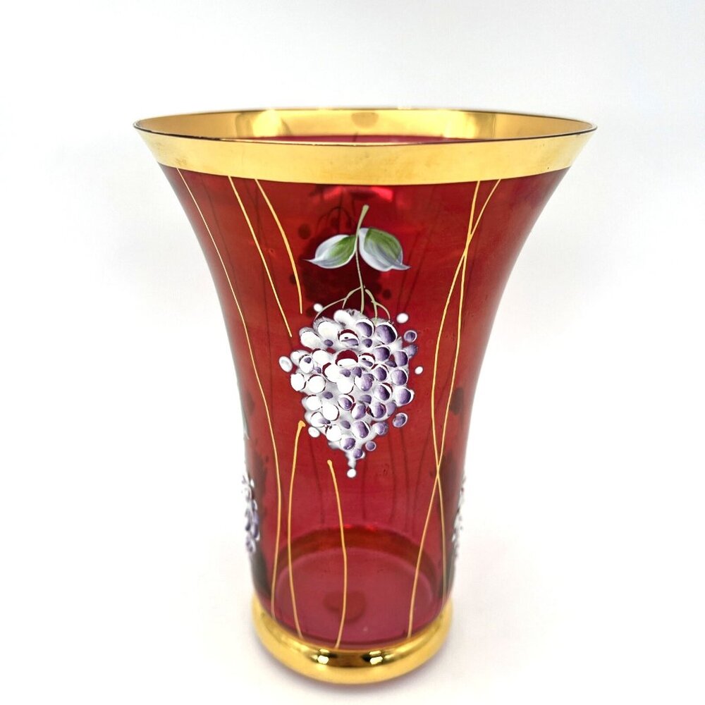 Famosa LPW Vienna Austria Ruby Red Glass Vase Hand Painted Grapes Gold Trim - Picture 2 of 14